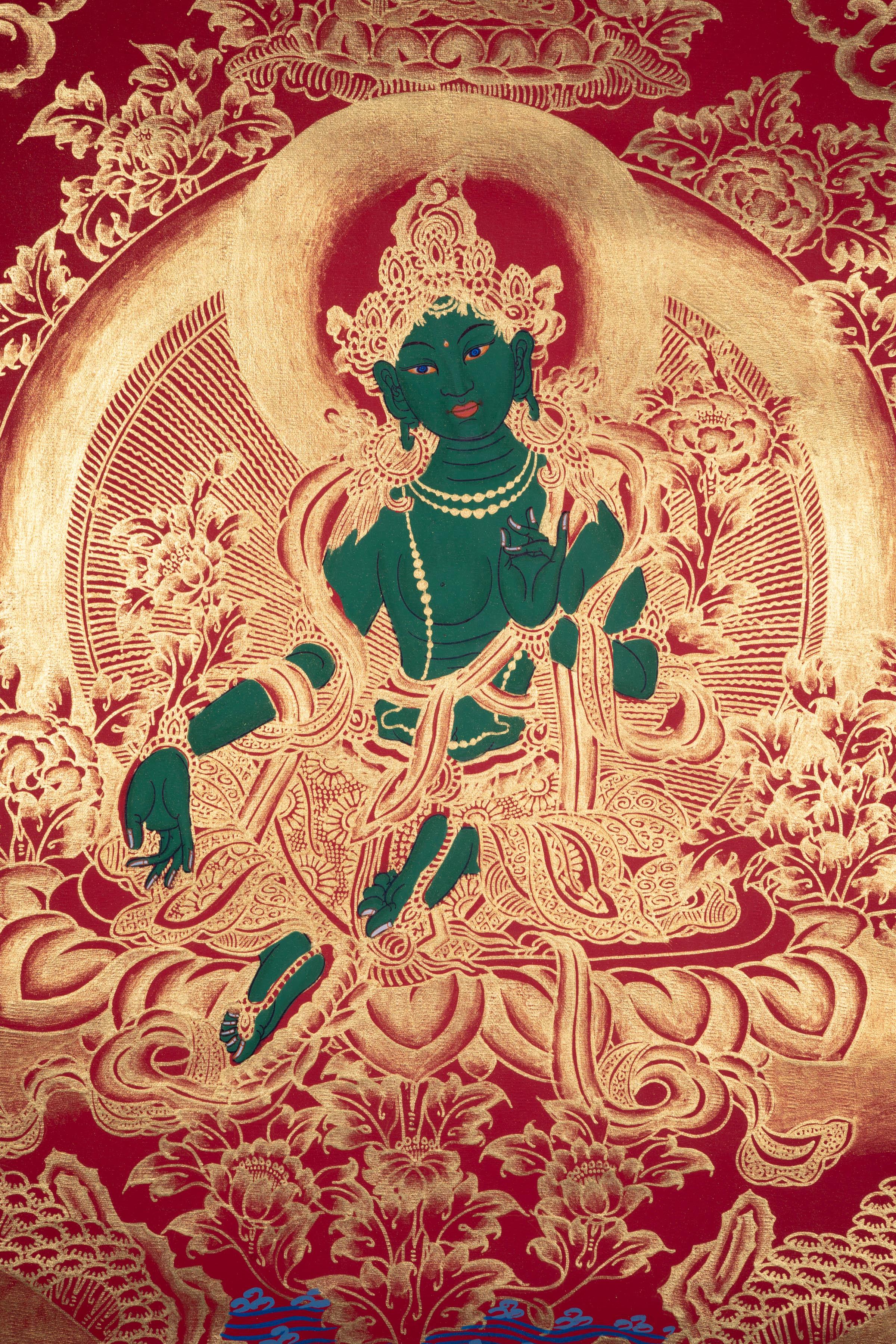 Beautiful Green Tara Tibetan Thangka Art with Pancha Buddha - Image 3