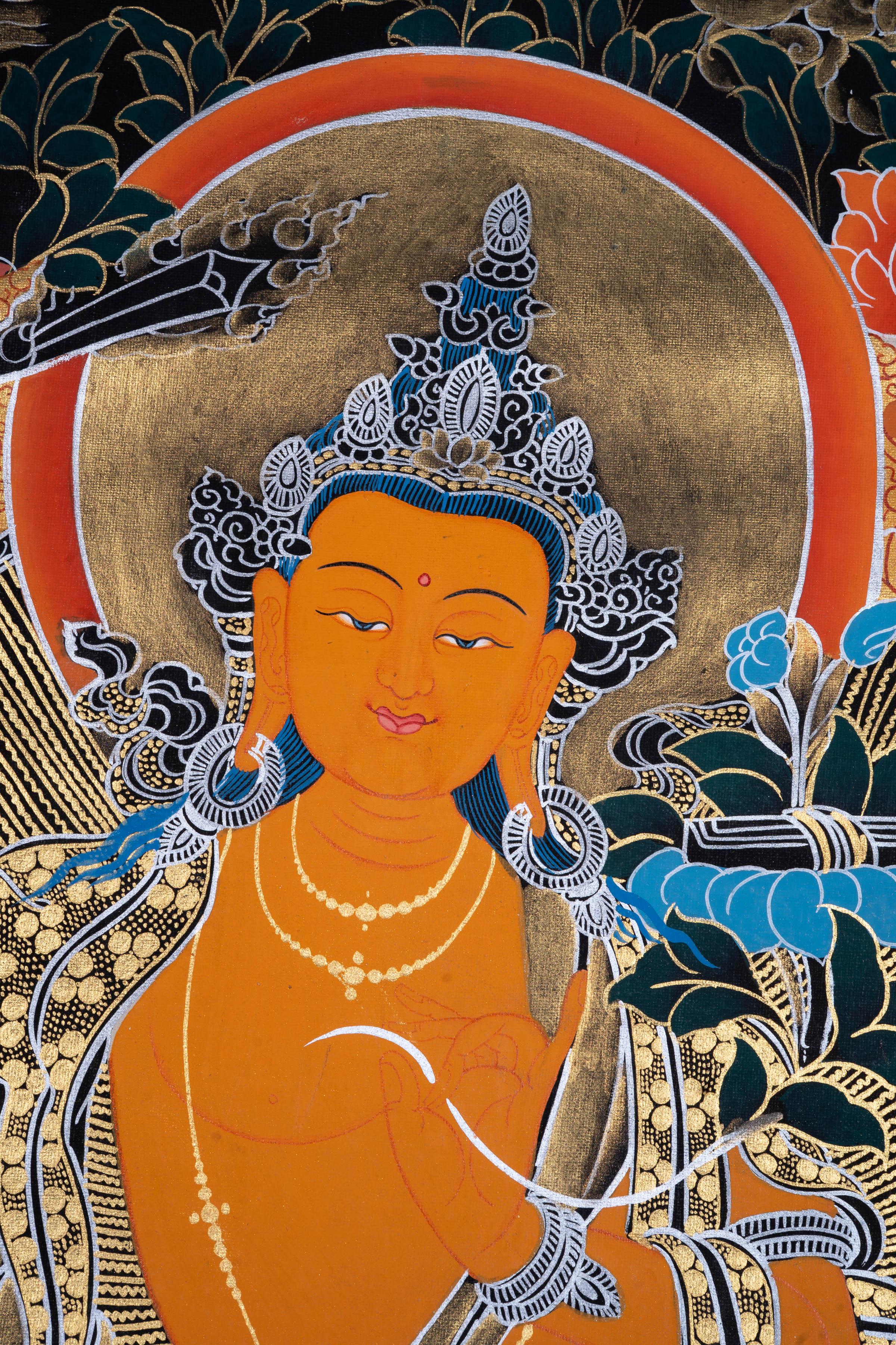 Manjushri Tibetan Thangka Painting with Silver and 24k Gold - Image 3