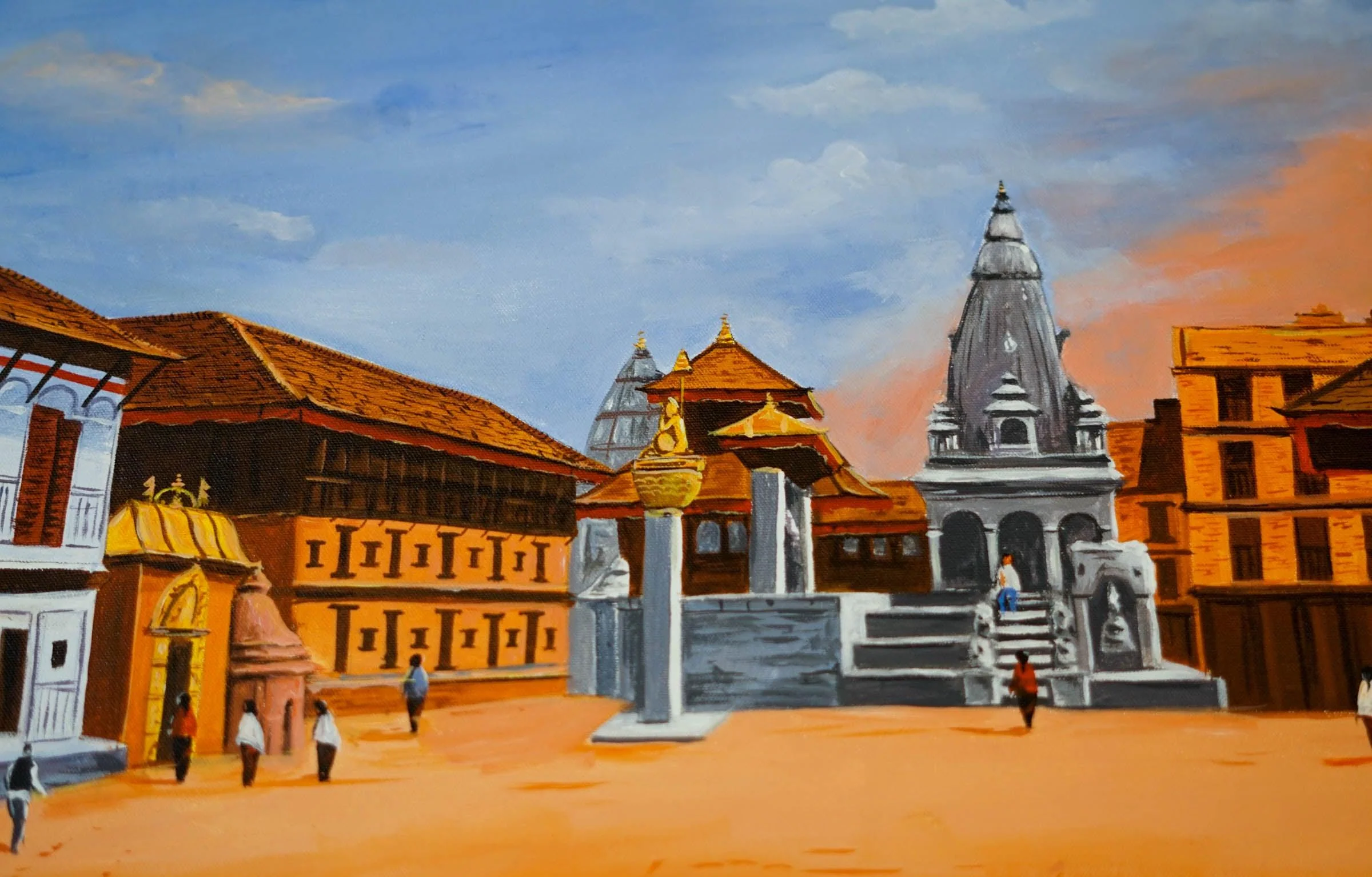 Original handmade Oil Painting of Bhaktapur Durbar Square, Nepal - Image 3