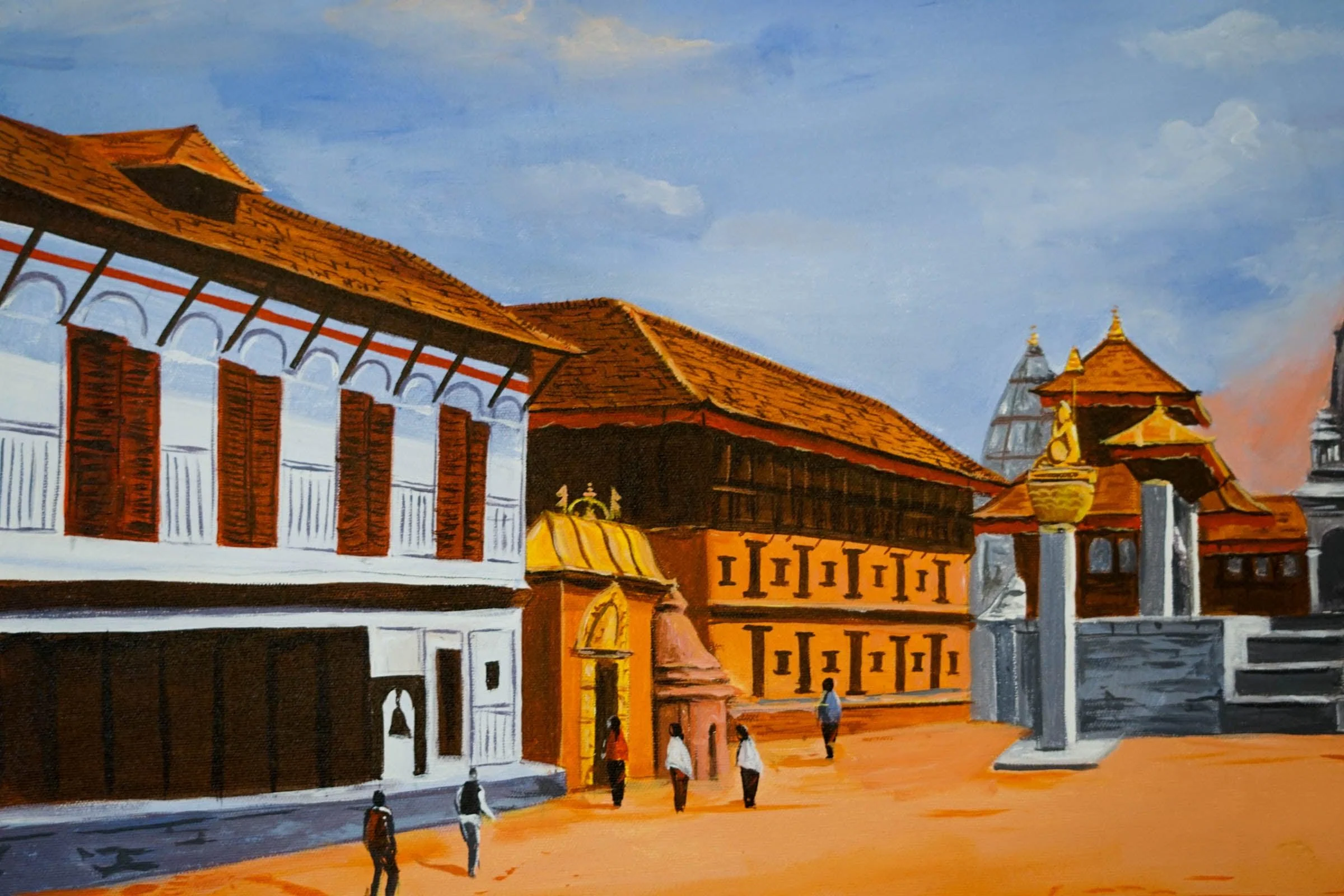 Original handmade Oil Painting of Bhaktapur Durbar Square, Nepal - Image 4