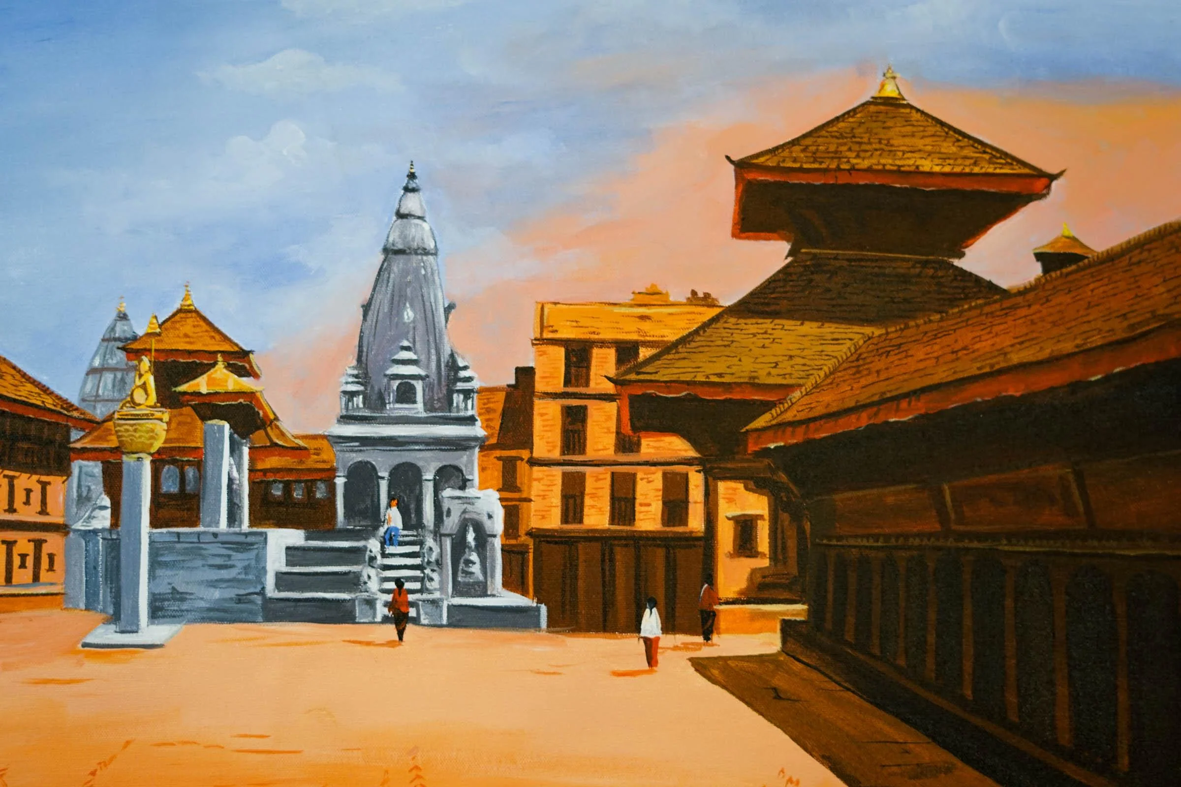Original handmade Oil Painting of Bhaktapur Durbar Square, Nepal - Image 5